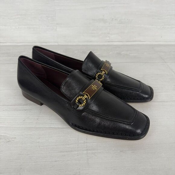 Tory Burch Size 8.5 Perrine Loafer Shoes Square Toe Logo Leather Perfect Black - Picture 2 of 16